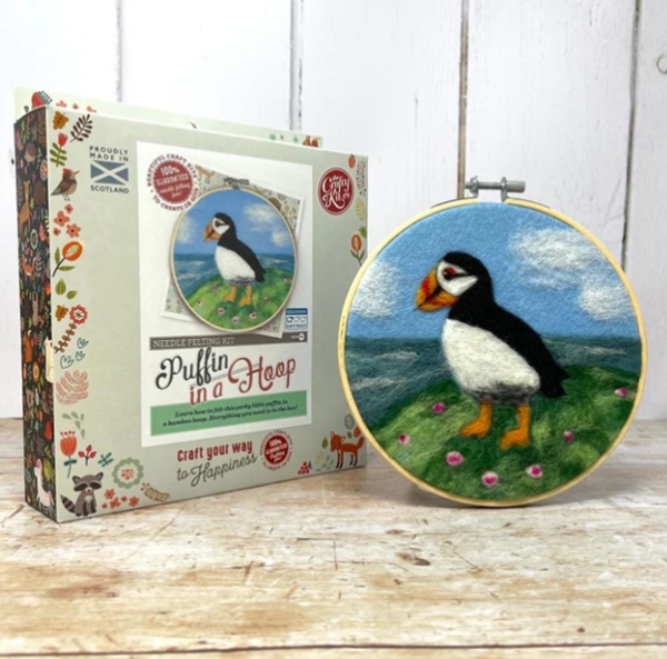 Puffin gift set, includes a hand sewing craft kit and bamboo socks